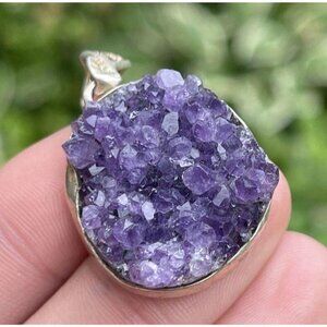 Vintage Sterling Silver 925 Amethyst Geode Pendant Necklace Vintage Raw Amethyst